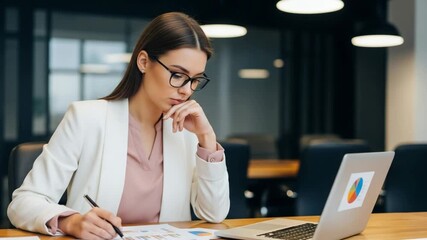 Focused businesswoman analyzing data and making notes at her office desk - Powered by Adobe