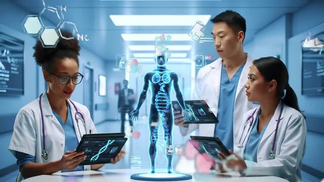 Doctor Nurse Medical Team Using Digital Tablet and Augmented Reality Hologram for Futuristic Healthcare Technology Analysis in Hospital - Powered by Adobe