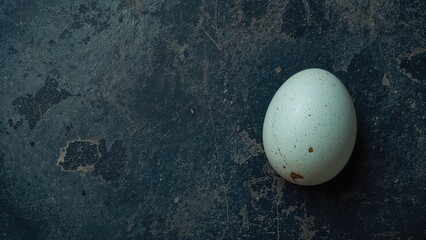 A single speckled egg on a dark textured surface.