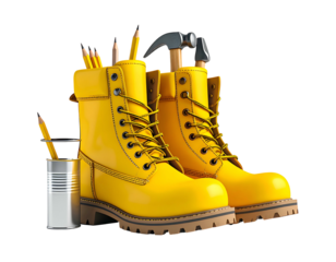 Work boots with tools in them on a white background