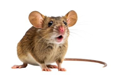 Closeup of a small brown mouse with large ears and mouth open in surprise against a plain background, perfect for themes of discovery or reaction.