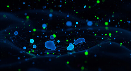 Obraz premium Bioluminescent Ink Drops – Glowing Liquid Abstract Artwork
