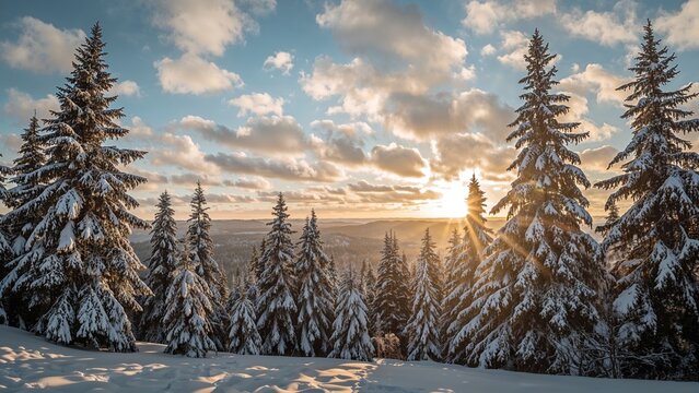 Snow-covered forest with tall pine trees at sunrise or sunset. Winter landscape with sunlight filtering through clouds. Cold and serene natural scene.