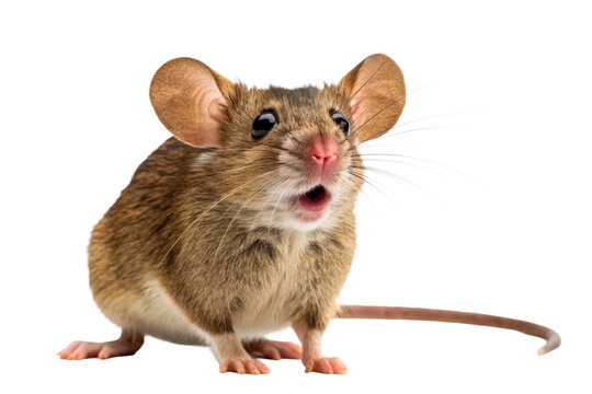 Closeup of a small brown mouse with large ears and mouth open in surprise against a plain background, perfect for themes of discovery or reaction.