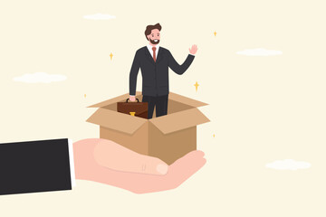 Introducing new employees. Happy businessman in an opened box. Boss hand holding box with new employee or staff. Business process, employment.