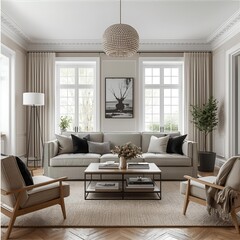 Bright and spacious contemporary living room with minimalist Scandinavian design, neutral tones, and elegant modern furniture