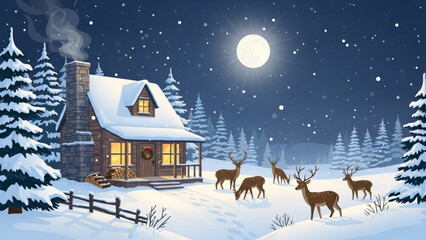 Dreamy winter cabin scene with reindeer under a magical moonlight sky, perfect for holiday greetings, cozy invitations, and festive design projects