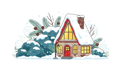 Charming snow covered cottage nestled among winter foliage, radiates warm holiday cheer, perfect for seasonal greetings and festive designs, originally vector