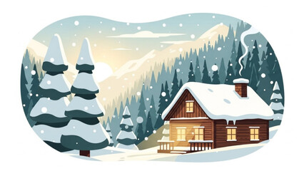 Cozy cabin nestled in snowy mountains, a winter wonderland scene evoking peace and serenity, ideal for holiday greetings and seasonal promotions