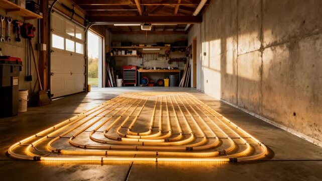 Garage interior captured in a medium shot highlighting radiant heated concrete floors that provide efficient warmth in a typically cold utilitarian area.