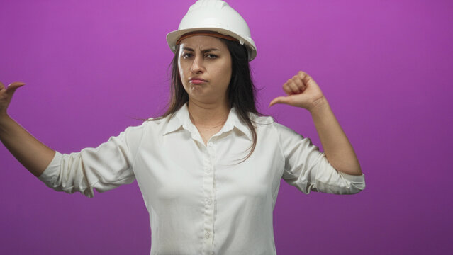 Woman architect in white shirt and hardhat with thumbs pointing to chest in purple studio; skepticism.