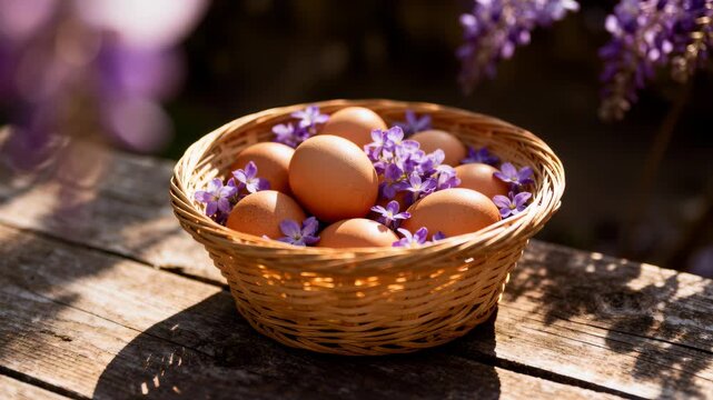 Wicker basket containing fresh brown eggs adorned with delicate purple flowers, placed on a rustic wooden table. Sunlight and blurred floral background create a warm, natural ambiance.