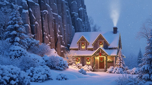 Cozy Christmas cottage nestled in snowy landscape, adorned with festive wreaths and sparkling lights, evoking holiday cheer and peaceful winter vibes
