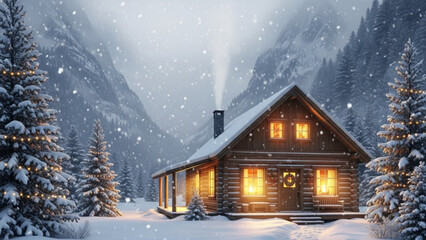Escape to a cozy winter cabin nestled in snowy mountains, perfect for holiday retreats and seasonal promotions, radiating warmth and festive cheer