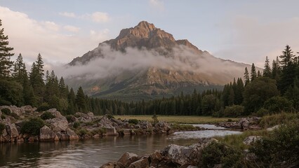 Mountain landscape with a river and forest, with a mountain peak shrouded in clouds. Nature scenery. The mountain landscape and natural environment.