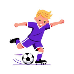 Young boy kicking a soccer ball in a purple uniform