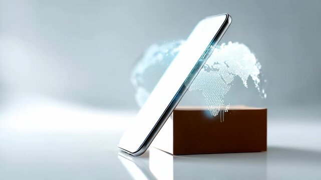 Global online shopping and international package delivery concept showing a smartphone with a blank white screen leaning against a cardboard box as a digital earth hologram materializes and rotates