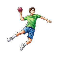 Young male athlete in mid air throwing a handball