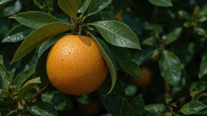 Orange fruit hanging on a tree with green leaves.
