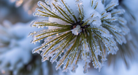 Close up of a pine branch covered in ice and frost during winter