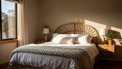 Comfortable bed with a rattan headboard in a cozy sunlit bedroom interior with warm morning light