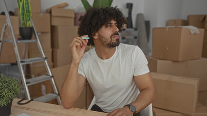 Man hand on chin pensive pose in building filled with cardboard moving boxes; moving planning uncertainty.