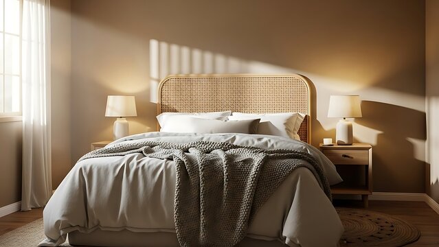 Sunlit modern bedroom with a cozy rattan headboard and neutral-toned bedding creating a peaceful and warm atmosphere - Powered by Adobe