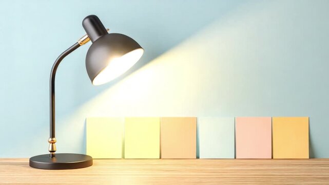 Modern desk lamp with illuminating light on pastel color background for interior decoration or workspace inspiration 4k video footage
