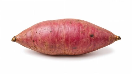 A sweet potato with pinkish skin, elongated shape and rough texture.