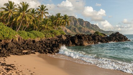 Tropical beach with palm trees, rocky shoreline, and mountains in the background under partly cloudy sky.