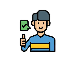 Vector icon illustration of a happy character showing a thumbs up gesture with a confirmation checkmark for customer satisfaction and approval