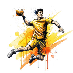 Dynamic handball player in mid air with energetic splash background
