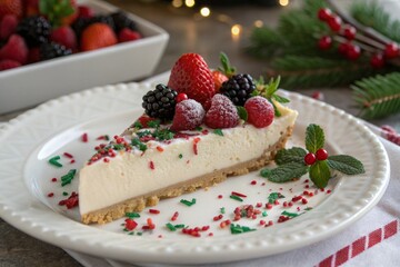 A slice of Christmas ice cream tart with berries and decorations on the side, placed in front of an elegant plate.