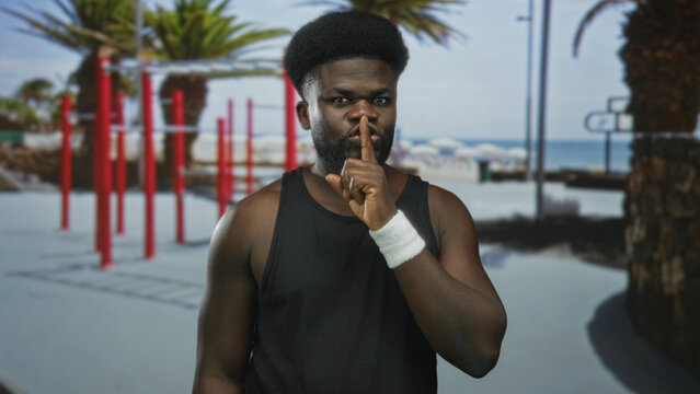 Man with finger to lips for silence at outdoor street gym by red pullup bars and palm trees, wearing black tank and wristband; quiet determination. - Powered by Adobe