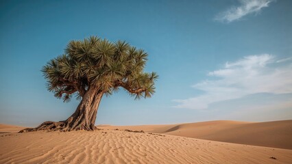 Desert landscape with a solitary tree on sand dunes under a blue sky.