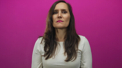 Young hispanic woman squints eyes and tilts head in pink studio setting; curiosity contemplation...