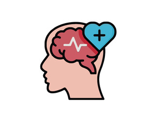 A vibrant flat line icon illustrating the concept of mental health, psychological well-being, and a healthy mind with brain and heart symbols