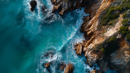 Drone shoot over coastline, turquoise water and cliffs, surfer paddling below, aerial drama, with copy space