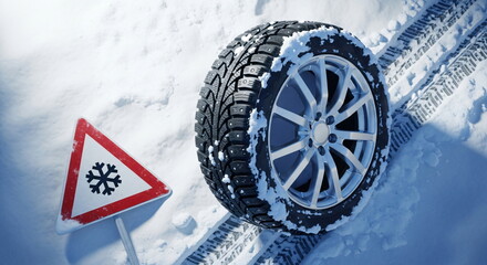 Winter tire moving through snow-covered road. Concept of safe driving in cold weather with proper wheel for snowy condition. Winter car maintenance. With a red sign warning of snowfall.