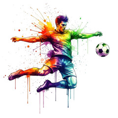 Dynamic soccer player kicking ball in vibrant rainbow splash art
