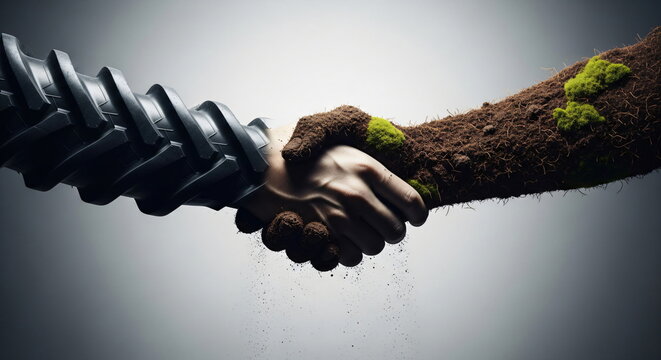 Handshake between tire pattern hand and soil hand with grass. Concept of sustainable agriculture, eco-friendly farming technology, and environmental partnership. Earth Day.