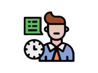 Flat icon of a businessman with a clock and speech bubble representing time management, scheduling, and business communication