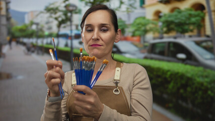 Fototapeta premium Woman examining paintbrushes in an apron outdoors on a lively city street, showcasing artistic creativity in an urban environment.
