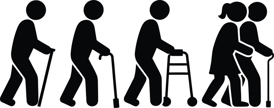 Elderly people walking with canes and a walker, pictogram set