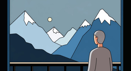 Obraz premium Minimalist vector illustration of a person looking at mountains. Flat design landscape with snow peaks and sun. Nature retreat and contemplation concept