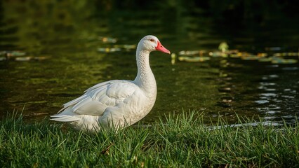 Fototapeta premium A goose resting by the water's edge on grass, near a pond or lake with reflections and natural greenery.