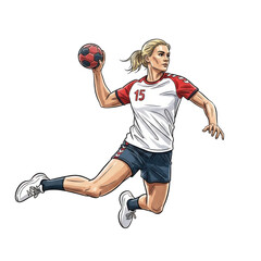 Female handball player leaping to throw ball in dynamic pose