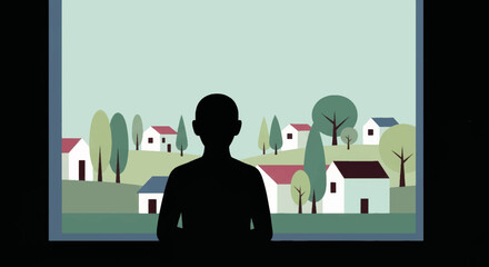 Silhouette of person looking through window at village landscape. Minimalist flat design vector illustration. Rural countryside view concept
