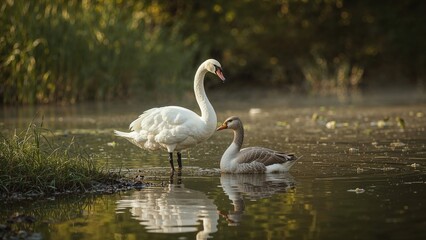 Obraz premium A pair of swans in a natural water setting with lush greenery and reflections, capturing a peaceful moment.