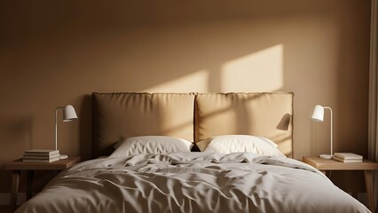 A tranquil and inviting bedroom space with a beige color palette and warm sunlight creating a relaxing ambiance